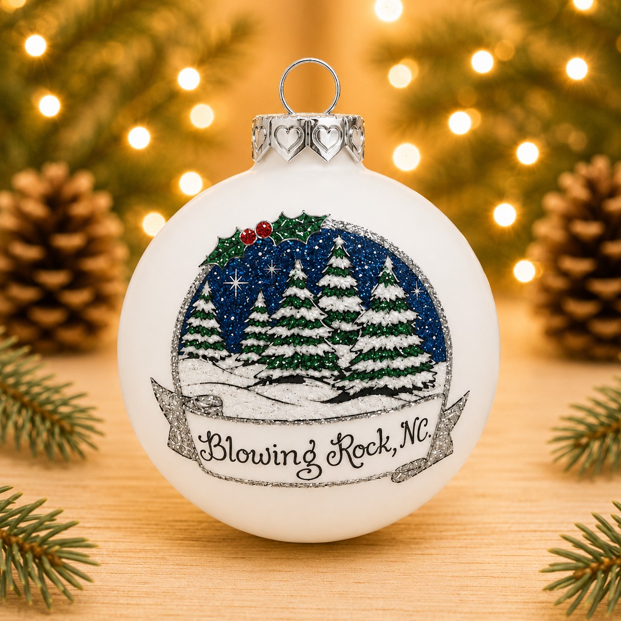Blowing Rock Snowy Evergreen Ornament